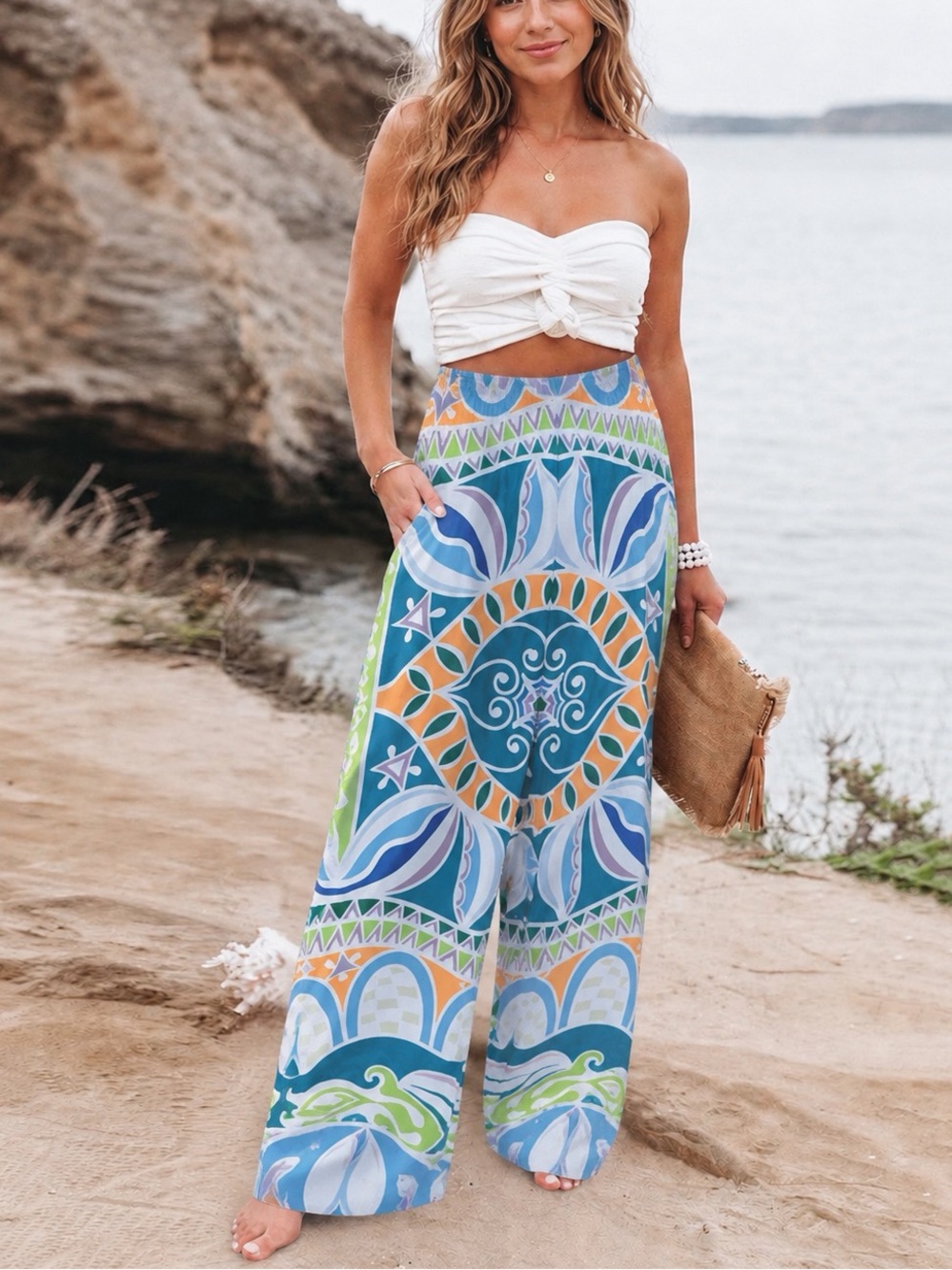 Michelle Parisou Wide Leg Preppy Palazzo Pull On Resortwear Pants Blue White M